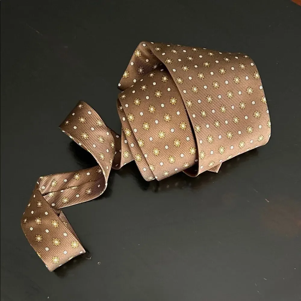 Bijoux Terner Cappuccino Brown Silk Tie, Gold & White Pattern, Perfect for Fall